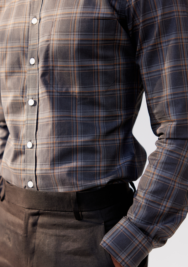 Lamp Black and Pewter Grey Gingham Checked Twill Shirt