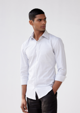 Grey and White Gingham Checked Herringbone Shirt