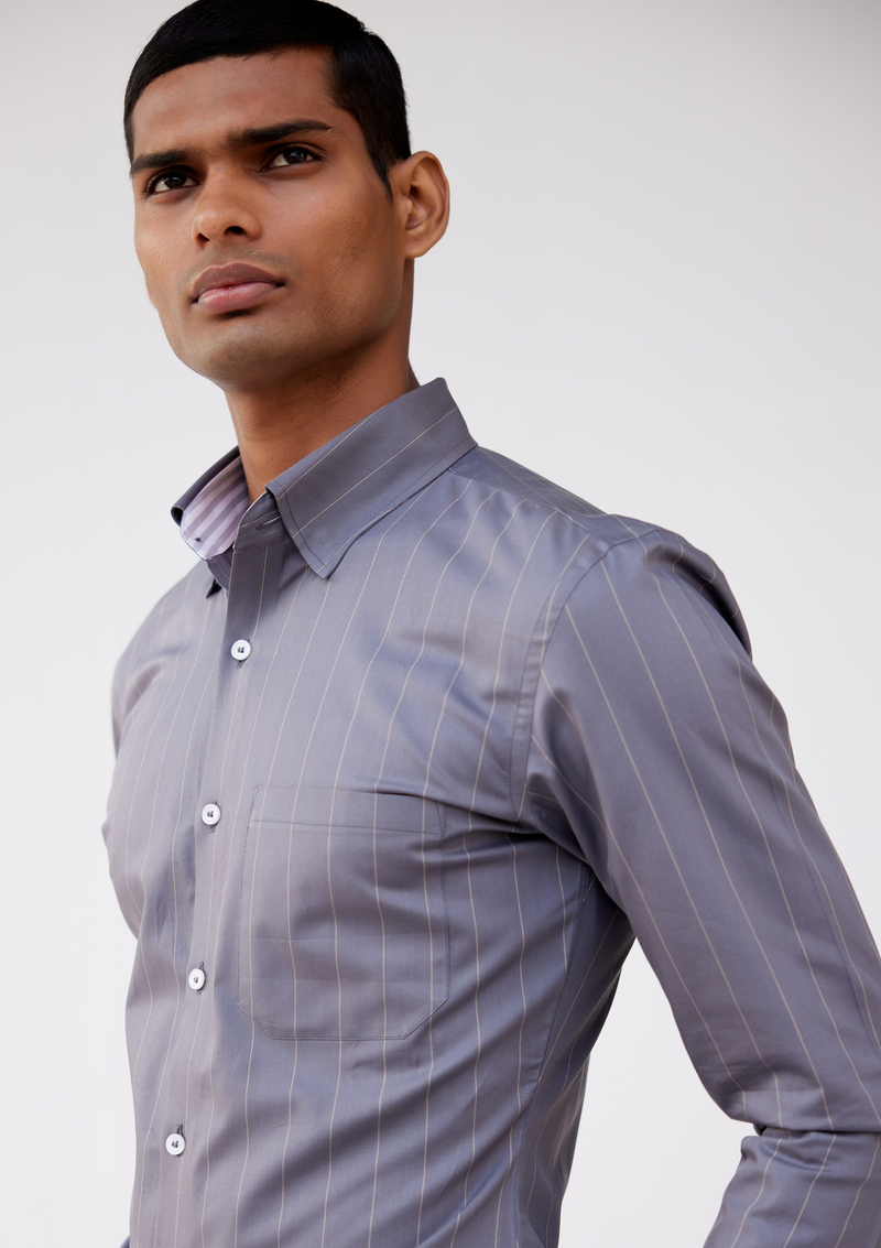 Oxford Grey with Fine Off White Striped Twill Shirt