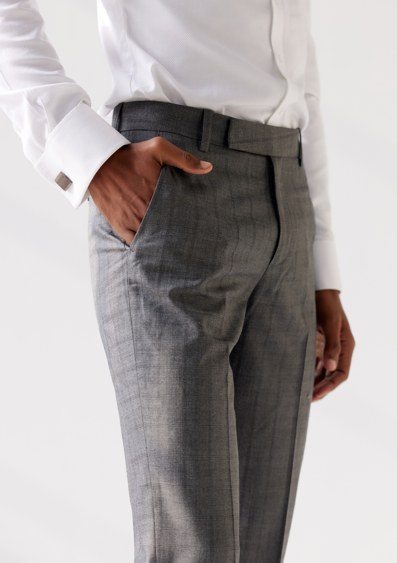 Dusty Grey Twill Plaid Checked Trousers