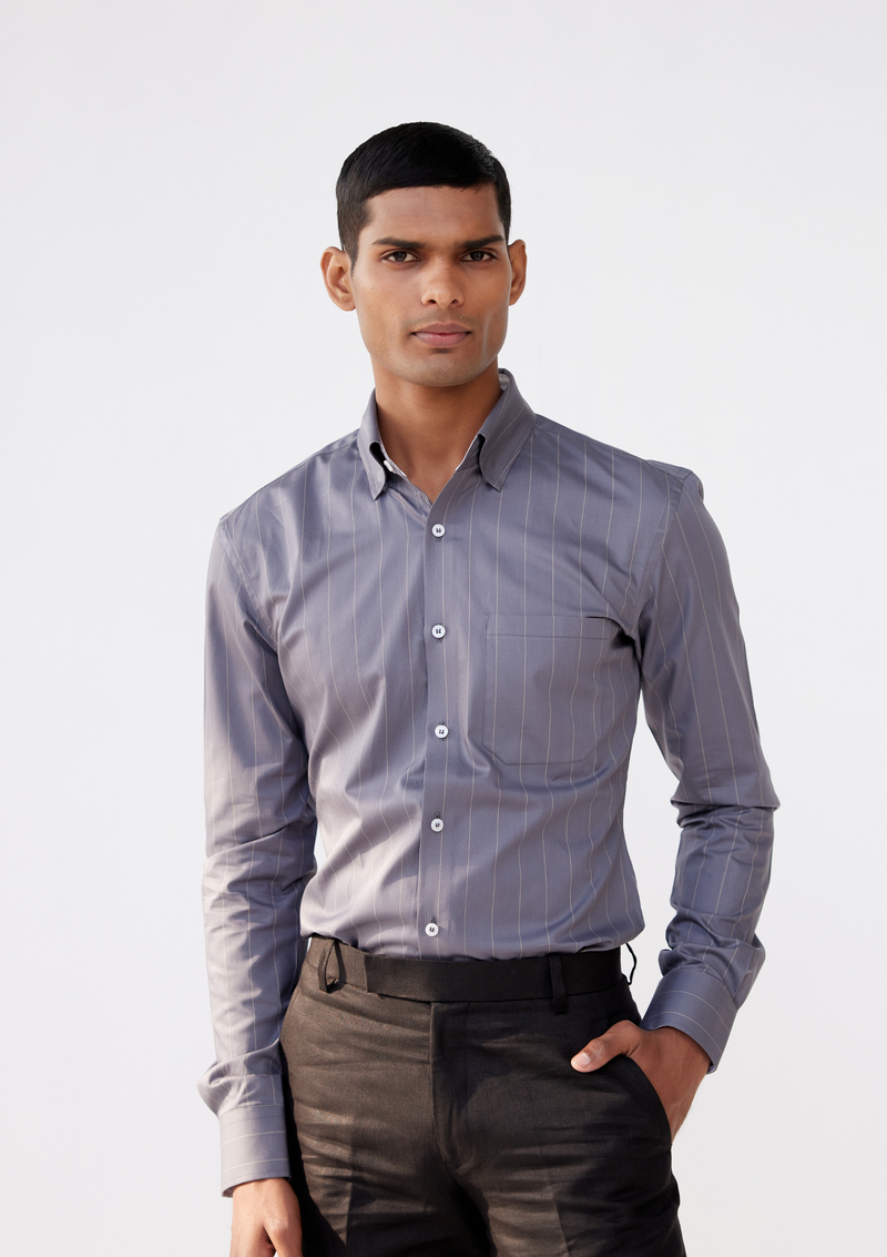 Oxford Grey with Fine Off White Striped Twill Shirt