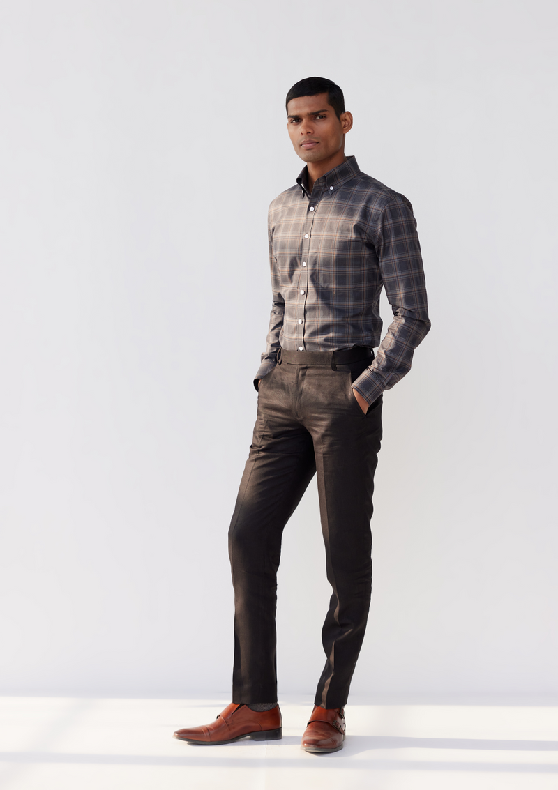 Lamp Black and Pewter Grey Gingham Checked Twill Shirt