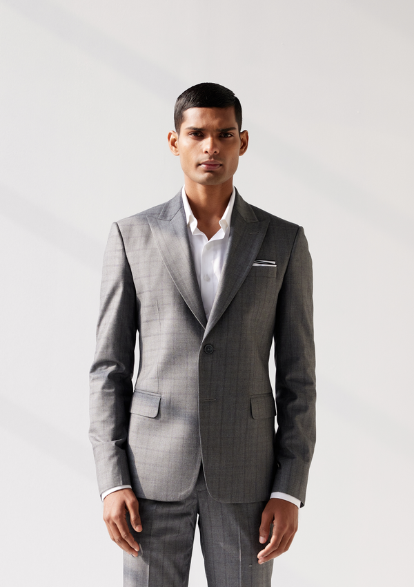 Dusty Grey Twill Plaid Checked Blazer