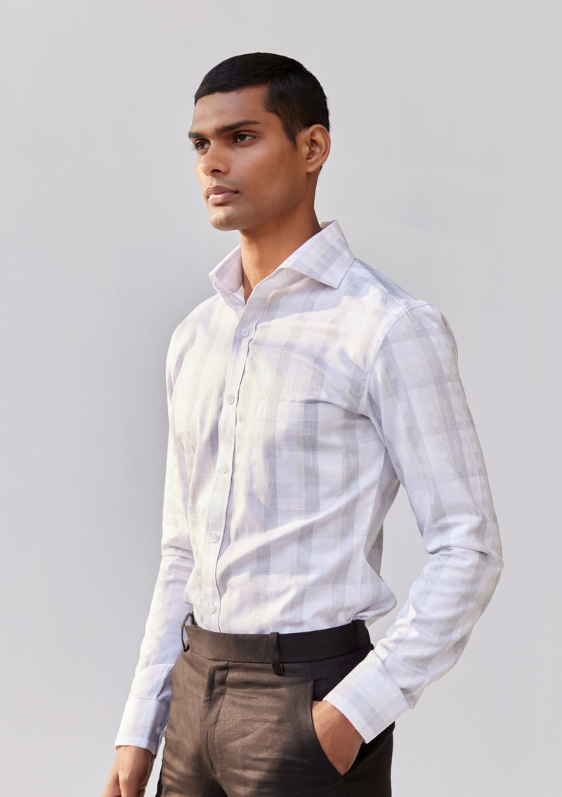 Tan Grey and White Dupplin Checked Herringbone Shirt