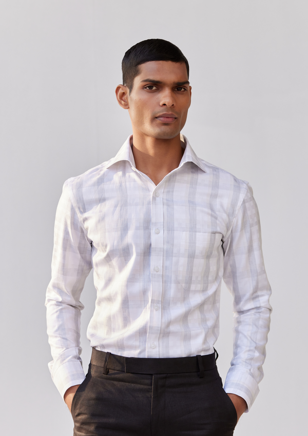 Tan Grey and White Dupplin Checked Herringbone Shirt