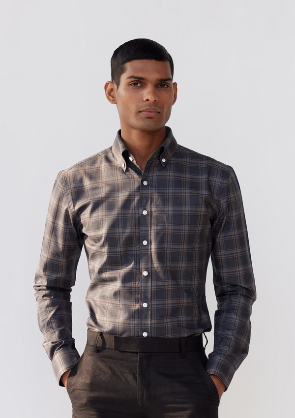 Lamp Black and Pewter Grey Gingham Checked Twill Shirt